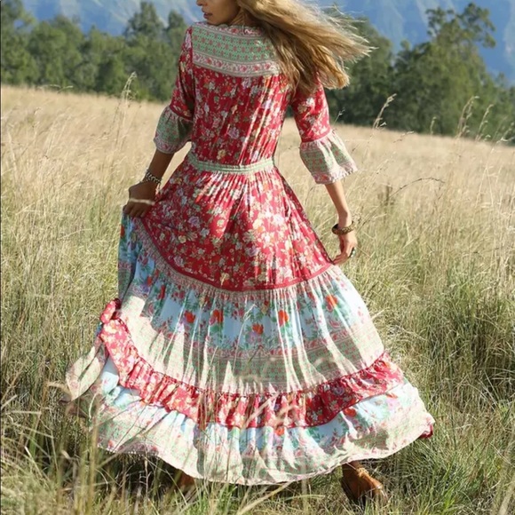 Blue V Neck Boho Floral Gypsy Print Maxi Dress - Picture 8 of 16